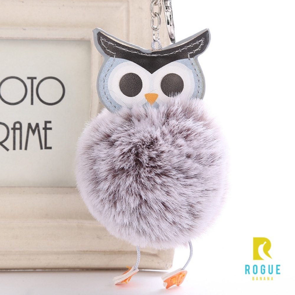 🆕Gray & White Owl Pom Silver Keychain Bag Charm